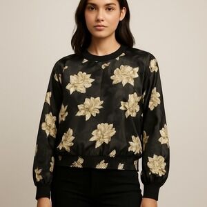 RUSS Black Floral Long Sleeve Blouse Womens Size 12 Roses Delicate Dark Prairie